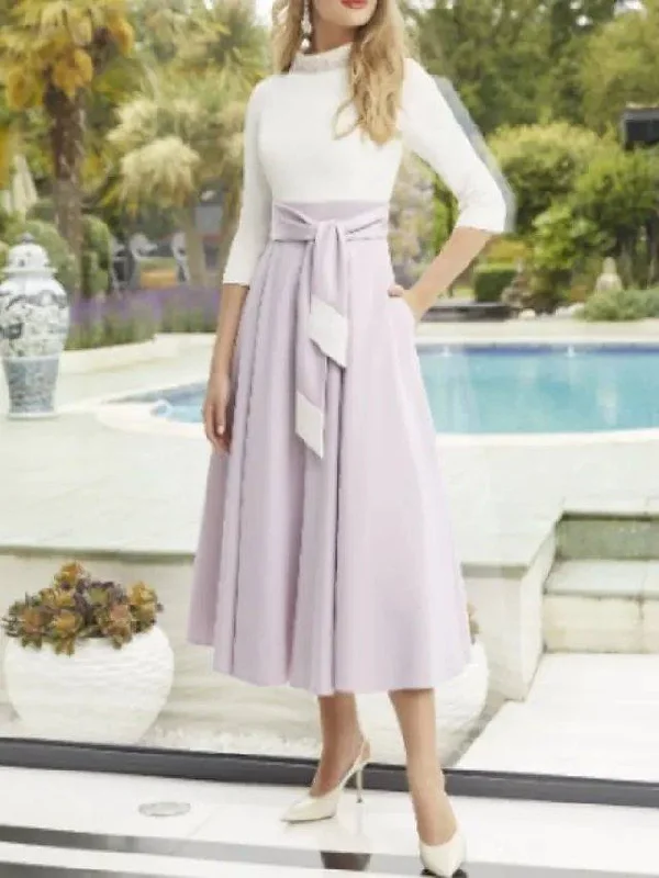 A-Line Mother of the Bride Dress Sweet High Neck Ankle Length Polyester 3/4 Length Sleeve with Sash / Ribbon Pleats A-Line Mother of the Bride Dress Sweet High Neck Ankle Length Polyester 3/4 Length Sleeve with Sash / Ribbon Pleats