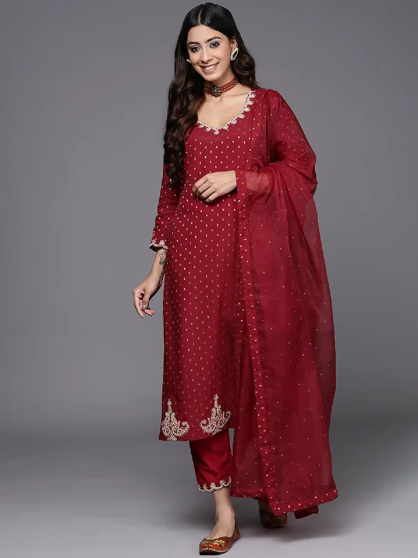 Women's Maroon Embroidered Straight Kurta Trousers With Dupatta Set - Indo Era Trousers Travel Practical