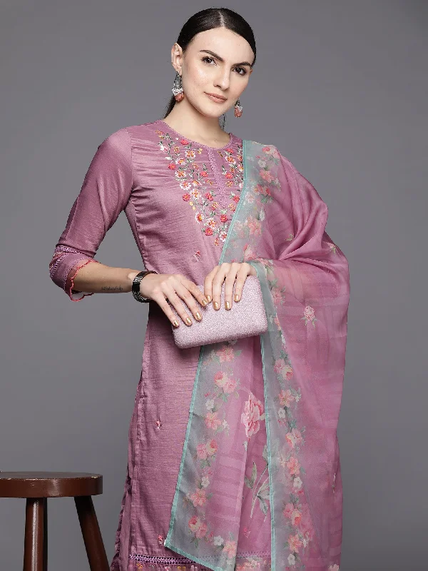 Women's Mauve Embroidered Straight Kurta Trousers With Dupatta Set - Indo Era Trousers High Rise Slim Fit