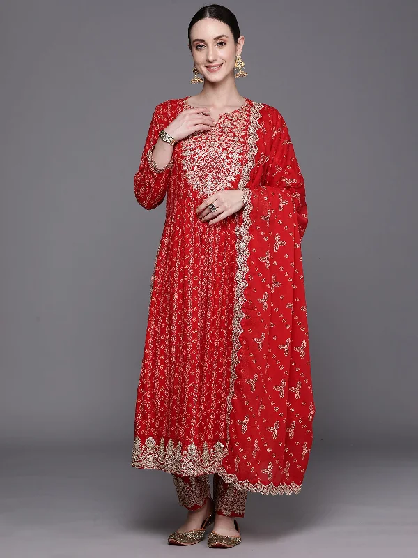 Women's Red Printed Straight Kurta Trousers With Dupatta Set - Indo Era Trousers Satin Smooth