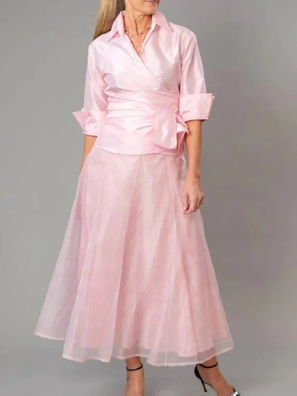 Two Piece A-Line Mother of the Bride Dress Elegant V Neck Floor Length Organza Taffeta Half Sleeve with Ruching