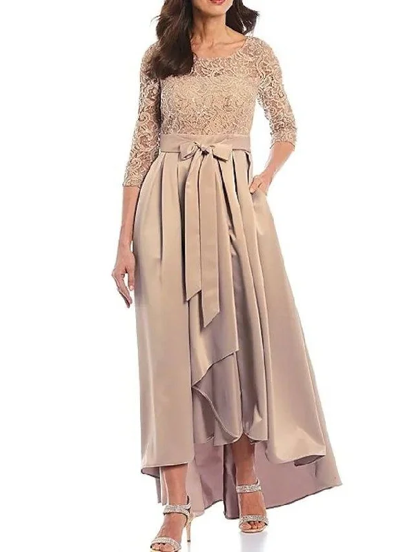 A-Line Mother of the Bride Dress Elegant Jewel Neck Asymmetrical Lace Satin 3/4 Length Sleeve with Bow(s) Pleats