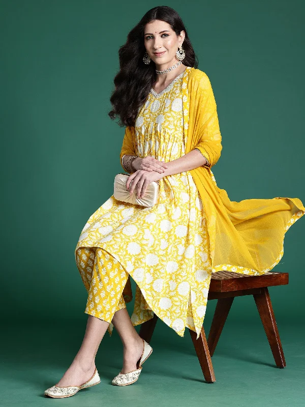 Women's Yellow Printed A-Line Kurta Trousers With Dupatta Set - Indo Era Trousers Party Sparkling