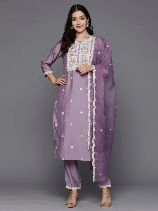 Women's Lavender Embroidered Straight Kurta Trousers With Dupatta Set - Indo Era Trousers Print Floral