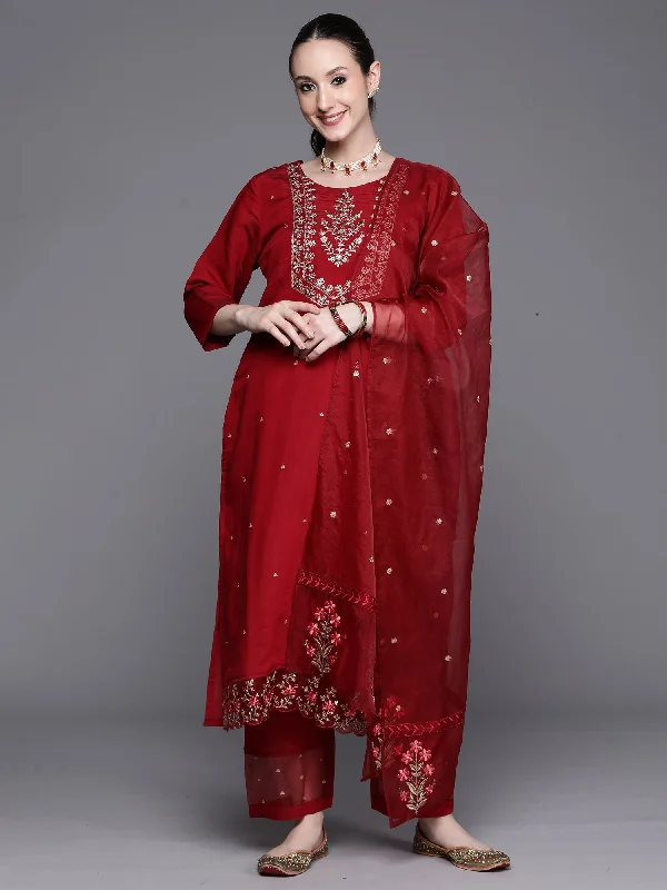 Women's Maroon Embroidered Ethnic Straight Kurta Trousers With Dupatta Set - Indo Era Trousers Silk Elegant