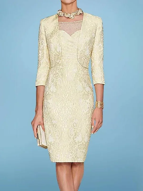 Two Piece Sheath / Column Mother of the Bride Dress Elegant Illusion Neck Knee Length Lace Satin 3/4 Length Sleeve with Appliques Two Piece Sheath / Column Mother of the Bride Dress Elegant Illusion Neck Knee Length Lace Satin 3/4 Length Sleeve with Appliques