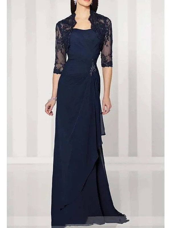 Sheath / Column Mother of the Bride Dress Elegant Queen Anne Sweep / Brush Train Chiffon Lace Half Sleeve with Beading Ruffles Draping Sheath / Column Mother of the Bride Dress Elegant Queen Anne Sweep / Brush Train Chiffon Lace Half Sleeve with Beading Ruffles Draping