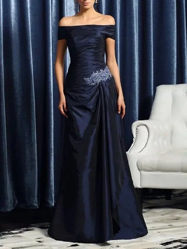 Sheath / Column Mother of the Bride Dress Elegant Off Shoulder Floor Length Lace Taffeta Short Sleeve with Appliques Ruching Sheath / Column Mother of the Bride Dress Elegant Off Shoulder Floor Length Lace Taffeta Short Sleeve with Appliques Ruching