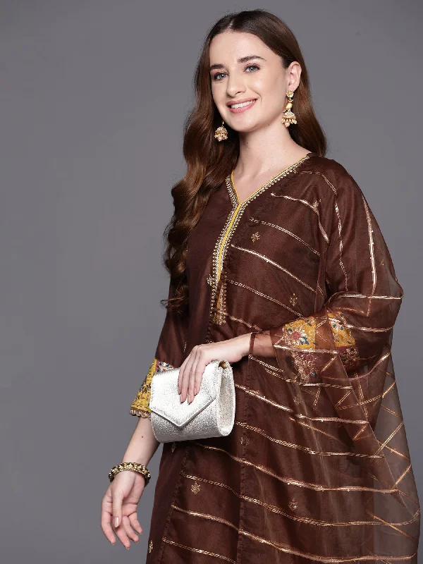 Women's Brown Embroidered Straight Kurta Trousers With Dupatta Set - Indo Era Trousers Velvet Soft