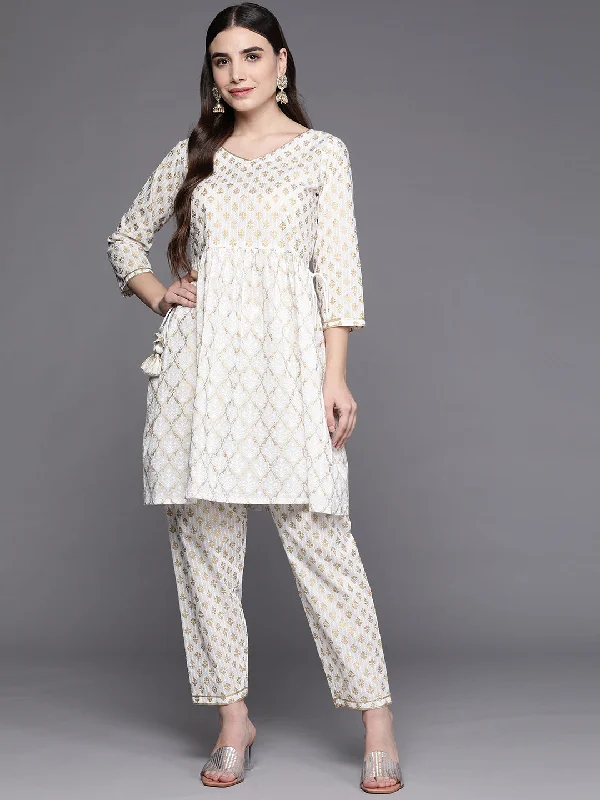 Women's Off White Printed A-Line Kurta Trousers Set - Indo Era Trousers cozy soft