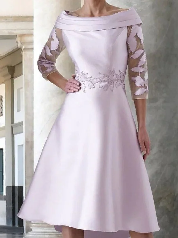 A-Line Mother of the Bride Dress Elegant Off Shoulder Knee Length Satin Half Sleeve with Appliques A-Line Mother of the Bride Dress Elegant Off Shoulder Knee Length Satin Half Sleeve with Appliques