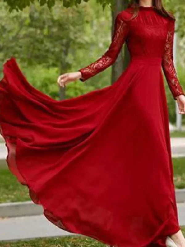 A-Line Luxurious Vintage Wedding Guest Formal Evening Dress Jewel Neck Long Sleeve Sweep / Brush Train Chiffon Lace with Pleats A-Line Luxurious Vintage Wedding Guest Formal Evening Dress Jewel Neck Long Sleeve Sweep / Brush Train Chiffon Lace with Pleats
