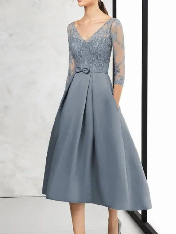 A-Line Mother of the Bride Dress Elegant V Neck Asymmetrical Lace Satin 3/4 Length Sleeve with Bow(s) A-Line Mother of the Bride Dress Elegant V Neck Asymmetrical Lace Satin 3/4 Length Sleeve with Bow(s)