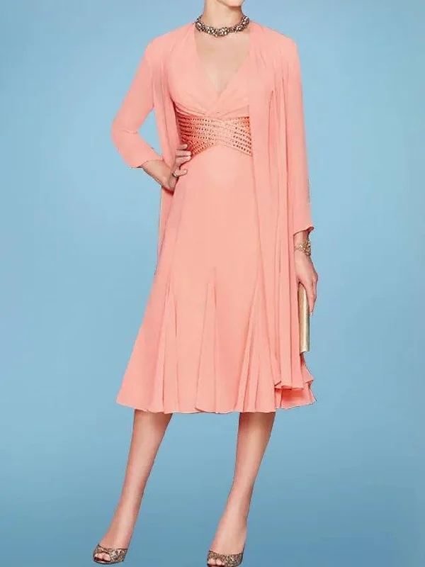 Two Piece A-Line Mother of the Bride Dress Elegant V Neck Knee Length Chiffon Sequined Long Sleeve with Sash / Ribbon Pleats Appliques Two Piece A-Line Mother of the Bride Dress Elegant V Neck Knee Length Chiffon Sequined Long Sleeve with Sash / Ribbon Pleats Appliques