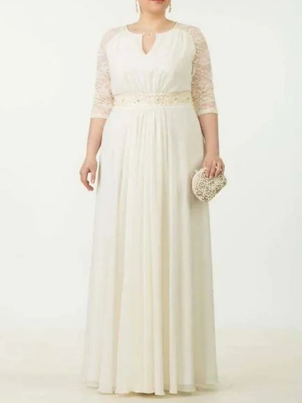 Sheath / Column Mother of the Bride Dress Plus Size Elegant V Neck Floor Length Chiffon Lace 3/4 Length Sleeve with Ruffles Appliques Sheath / Column Mother of the Bride Dress Plus Size Elegant V Neck Floor Length Chiffon Lace 3/4 Length Sleeve with Ruffles Appliques