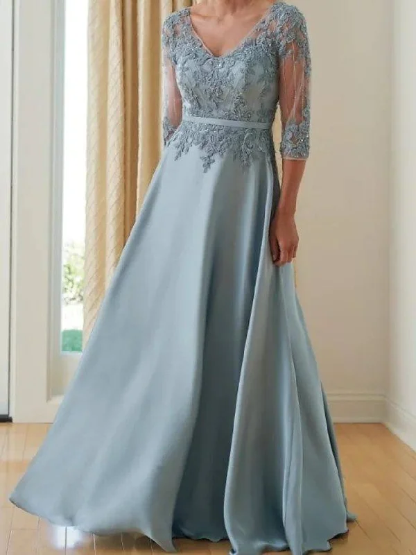 A-Line Mother of the Bride Dress Elegant V Neck Floor Length Chiffon Lace Half Sleeve with Pleats Appliques A-Line Mother of the Bride Dress Elegant V Neck Floor Length Chiffon Lace Half Sleeve with Pleats Appliques