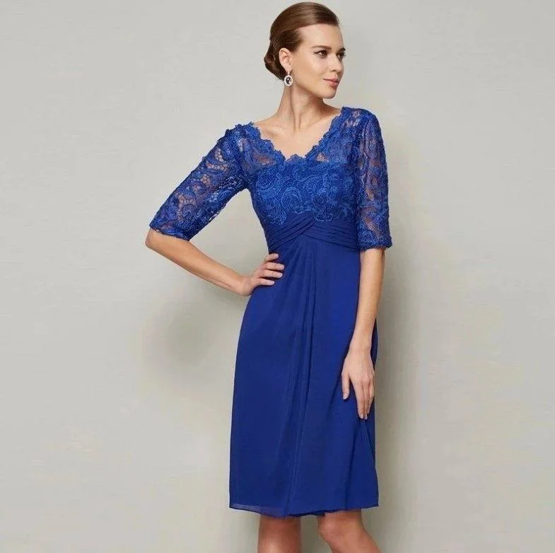 Royal Blue Mother Of The Bride Dresses Sheath V-neck Half Sleeves Chiffon Lace Short Groom Mother Dresses For Wedding Royal Blue Mother Of The Bride Dresses Sheath V-neck Half Sleeves Chiffon Lace Short Groom Mother Dresses For Wedding