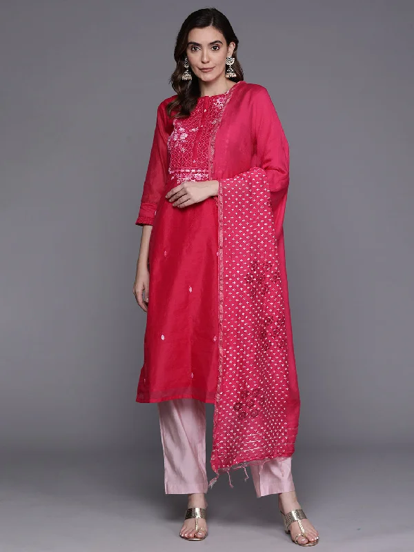 Women's Pink Embroidered Straight  Kurta Trousers With Dupatta Set - Indo Era Trousers Versatile Stylish