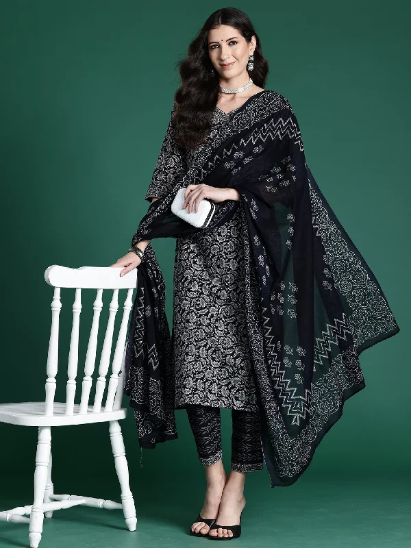 Women's Black Printed Straight Kurta Trousers With Dupatta Set - Indo Era Trousers Leisure Comfortable