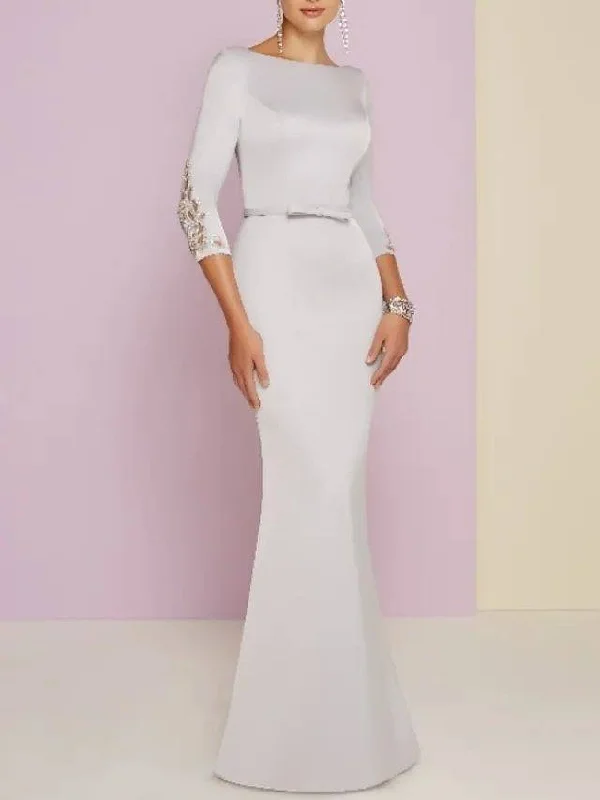 Sheath / Column Mother of the Bride Dress Plus Size Bateau Neck Floor Length Satin 3/4 Length Sleeve with Bow(s) Beading Sheath / Column Mother of the Bride Dress Plus Size Bateau Neck Floor Length Satin 3/4 Length Sleeve with Bow(s) Beading