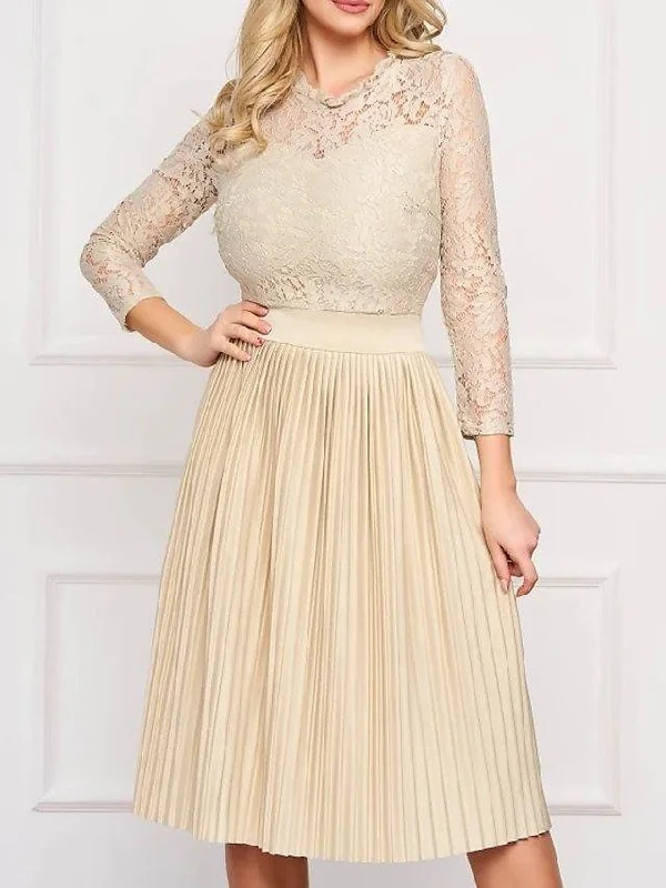 A-Line Mother of the Bride Dress Elegant Jewel Neck Knee Length Chiffon Lace 3/4 Length Sleeve with Pleats Embroidery A-Line Mother of the Bride Dress Elegant Jewel Neck Knee Length Chiffon Lace 3/4 Length Sleeve with Pleats Embroidery