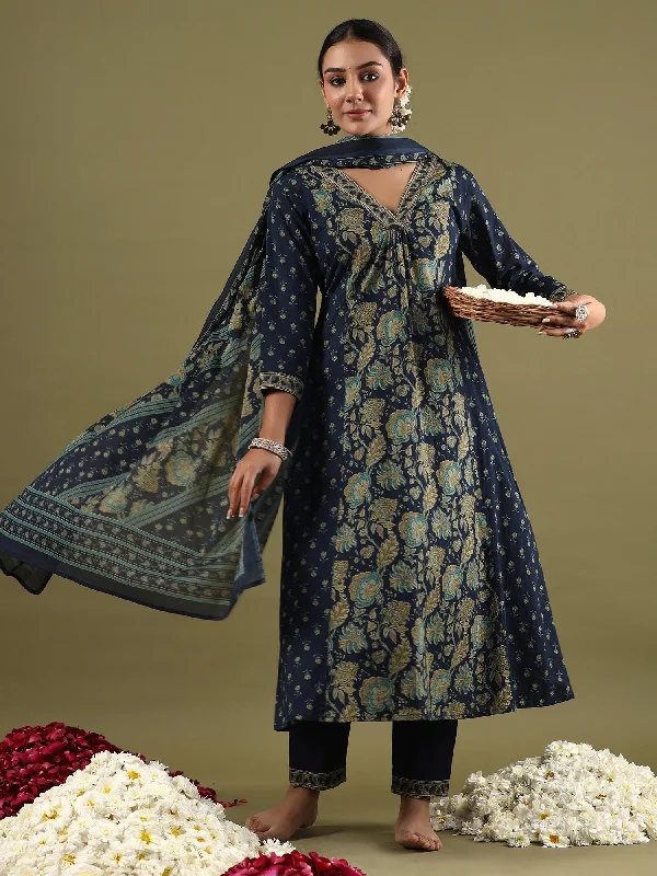 Women's Blue Printed A-Line Kurta Trousers With Dupatta Set - Indo Era Trousers Ceremony Elegant