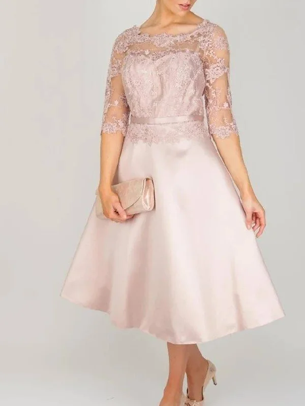 A-Line Mother of the Bride Dress Elegant Jewel Neck Tea Length Lace Satin 3/4 Length Sleeve with Embroidery A-Line Mother of the Bride Dress Elegant Jewel Neck Tea Length Lace Satin 3/4 Length Sleeve with Embroidery