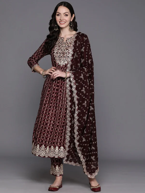 Women's Burgundy Printed A-Line Kurta Trousers With Dupatta Set - Indo Era Trousers Low Rise Relaxed