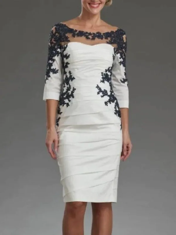Sheath / Column Mother of the Bride Dress Elegant Off Shoulder Knee Length Lace Taffeta 3/4 Length Sleeve with Appliques Ruching Sheath / Column Mother of the Bride Dress Elegant Off Shoulder Knee Length Lace Taffeta 3/4 Length Sleeve with Appliques Ruching