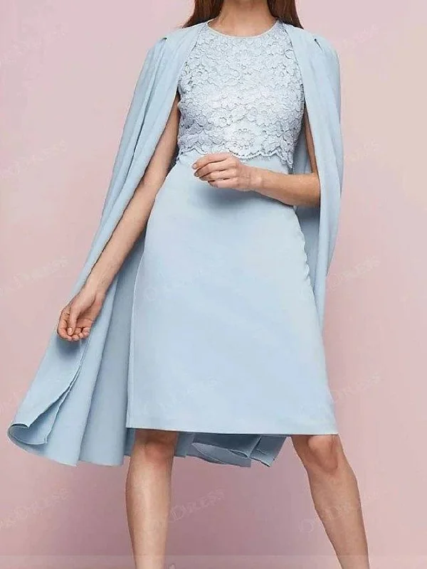 Sheath / Column Mother of the Bride Dress Elegant Jewel Neck Knee Length Chiffon Lace Short Sleeve with Lace Appliques Sheath / Column Mother of the Bride Dress Elegant Jewel Neck Knee Length Chiffon Lace Short Sleeve with Lace Appliques