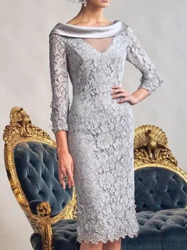 Sheath / Column Mother of the Bride Dress Elegant Bateau Neck Knee Length Lace Polyester Long Sleeve with Appliques Sheath / Column Mother of the Bride Dress Elegant Bateau Neck Knee Length Lace Polyester Long Sleeve with Appliques