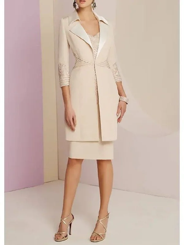 Sheath / Column Mother of the Bride Dress Elegant V Neck Knee Length Polyester Half Sleeve with Ruching