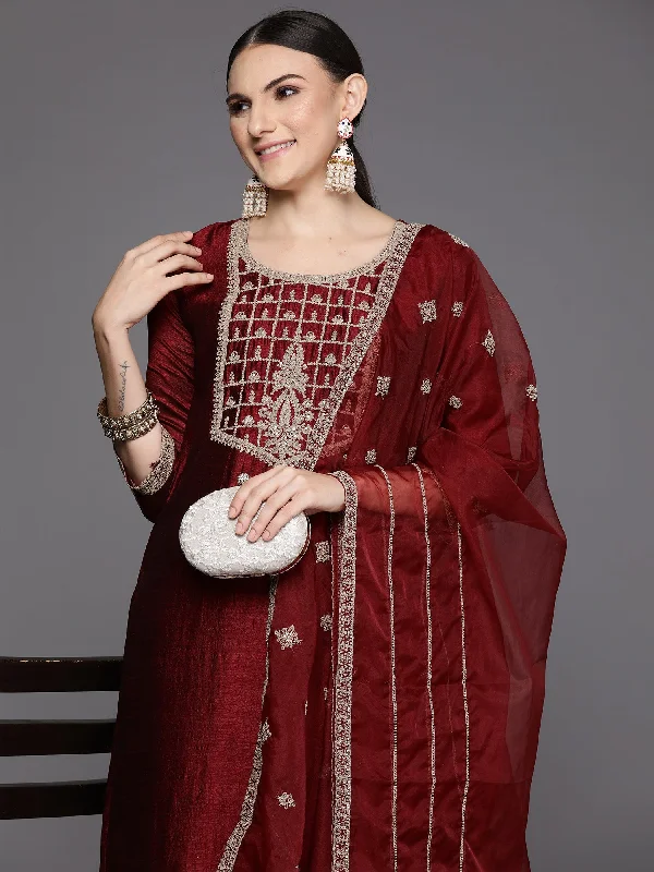 Women's Maroon Embroidered Straight Kurta Trousers With Dupatta Set - Indo Era Trousers Business Professional