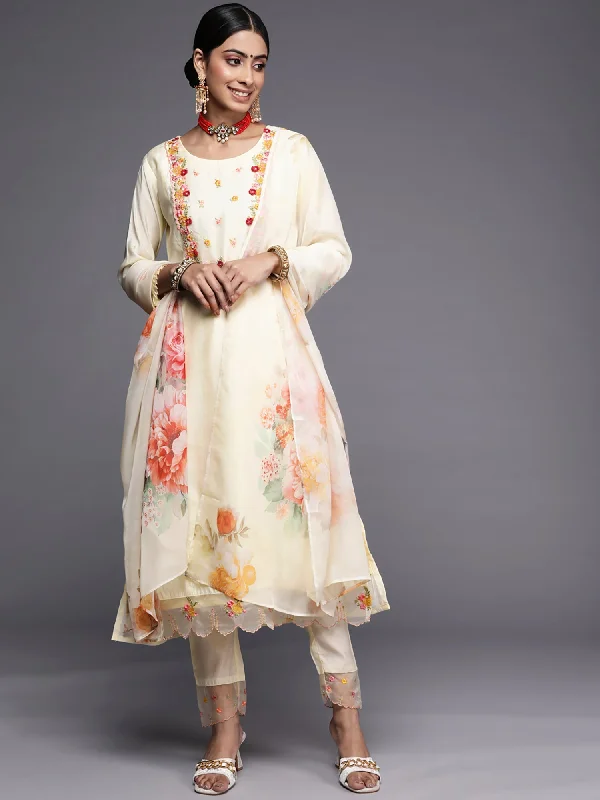 Women's Cream Embroidered A-Line Kurta Trousers With Dupatta Set - Indo Era Wide Leg Loose Fit Mid Waist