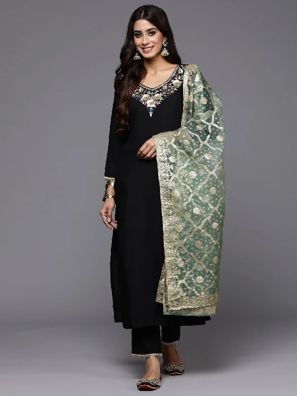 Women's Black Embroidered Straight Kurta Trousers With Dupatta Set - Indo Era Trousers Sale Discount