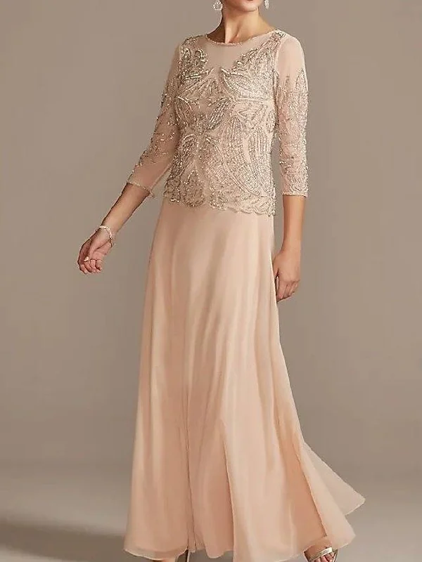 Sheath / Column Mother of the Bride Dress Elegant Jewel Neck Floor Length Chiffon Half Sleeve with Pleats Beading Sheath / Column Mother of the Bride Dress Elegant Jewel Neck Floor Length Chiffon Half Sleeve with Pleats Beading