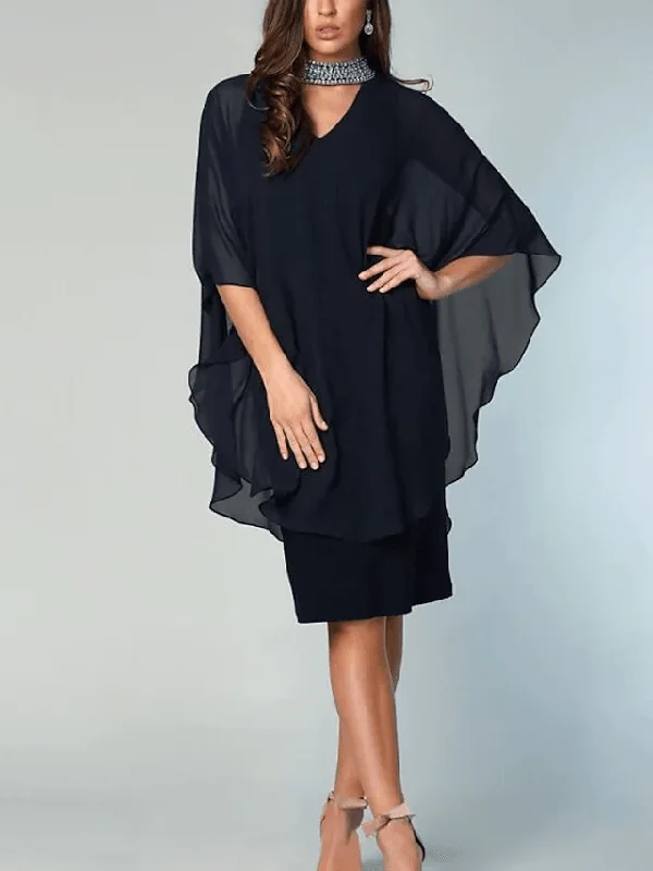 Sheath / Column Mother of the Bride Dress Elegant High Neck Knee Length Chiffon Half Sleeve with Crystals Sheath / Column Mother of the Bride Dress Elegant High Neck Knee Length Chiffon Half Sleeve with Crystals