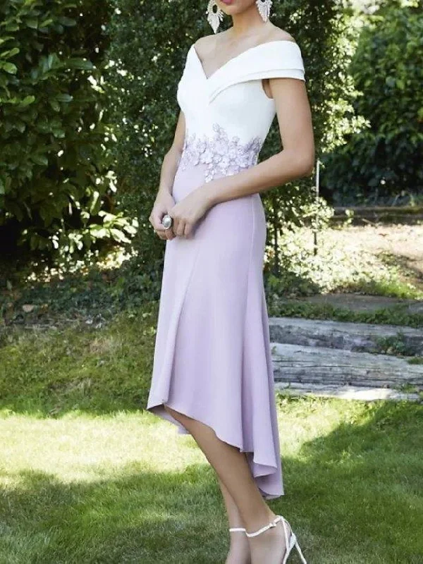 A-Line Mother of the Bride Dress Elegant V Neck Asymmetrical Knee Length Italy Satin Short Sleeve with Appliques A-Line Mother of the Bride Dress Elegant V Neck Asymmetrical Knee Length Italy Satin Short Sleeve with Appliques