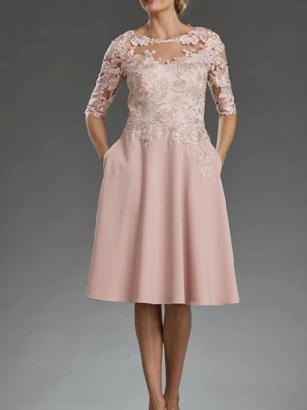 A-Line Mother of the Bride Dress Elegant Jewel Neck Knee Length Chiffon Lace Half Sleeve with Appliques A-Line Mother of the Bride Dress Elegant Jewel Neck Knee Length Chiffon Lace Half Sleeve with Appliques