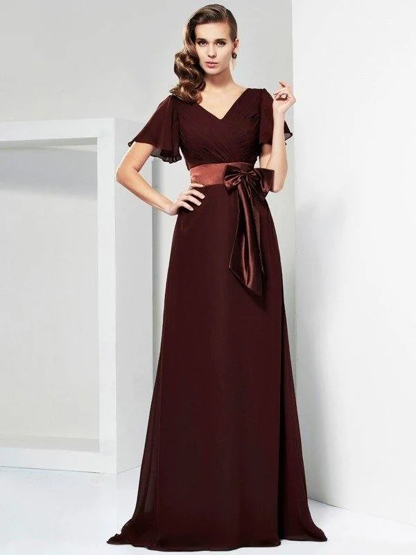 A-Line/Princess V-neck Short Sleeves Sash/Ribbon/Belt Long Chiffon Mother of the Bride Dresses A-Line/Princess V-neck Short Sleeves Sash/Ribbon/Belt Long Chiffon Mother of the Bride Dresses