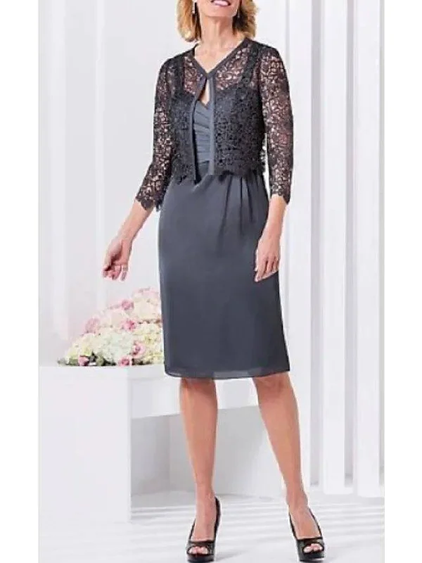 Two Piece Mother of the Bride Dress Plus Size Sweetheart Neckline Knee Length Lace Charmeuse 3/4 Length Sleeve with Lace Appliques Two Piece Mother of the Bride Dress Plus Size Sweetheart Neckline Knee Length Lace Charmeuse 3/4 Length Sleeve with Lace Appliques