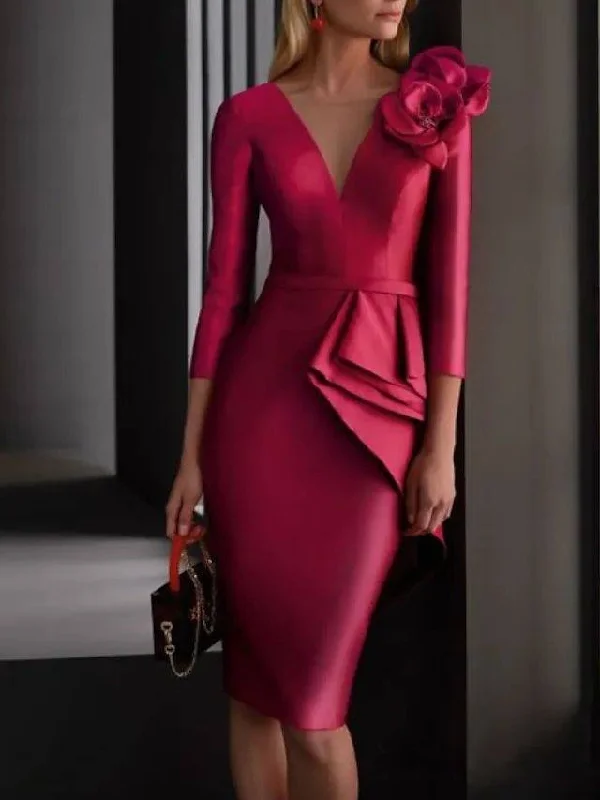 Two Piece Sheath / Column Mother of the Bride Dress Elegant V Neck Knee Length Satin 3/4 Length Sleeve with Ruching Flower Two Piece Sheath / Column Mother of the Bride Dress Elegant V Neck Knee Length Satin 3/4 Length Sleeve with Ruching Flower