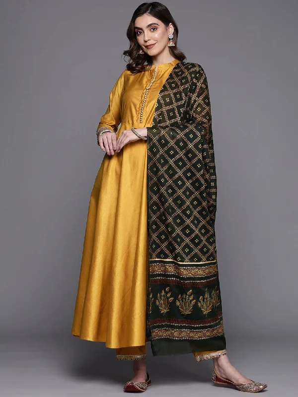 Women's Mustard Solid A-Line Kurta Trousers With Dupatta Set - Indo Era Trousers Favorite Customer