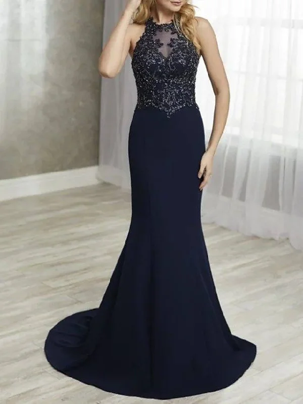 Mermaid / Trumpet Mother of the Bride Dress Elegant Halter Neck Sweep / Brush Train Chiffon Lace Sleeveless with Lace Appliques Mermaid / Trumpet Mother of the Bride Dress Elegant Halter Neck Sweep / Brush Train Chiffon Lace Sleeveless with Lace Appliques