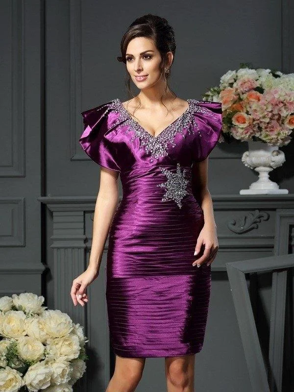Sheath/Column V-neck Beading Sleeveless Short Elastic Woven Satin Mother of the Bride Dresses Sheath/Column V-neck Beading Sleeveless Short Elastic Woven Satin Mother of the Bride Dresses