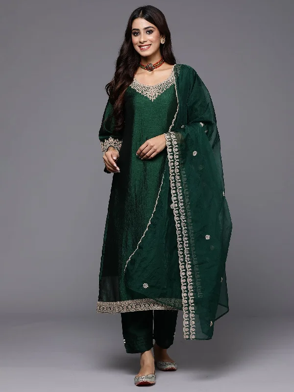 Women's Green Embroidered Straight Kurta Trousers With Dupatta Set - Indo Era Trousers Versatile Stylish