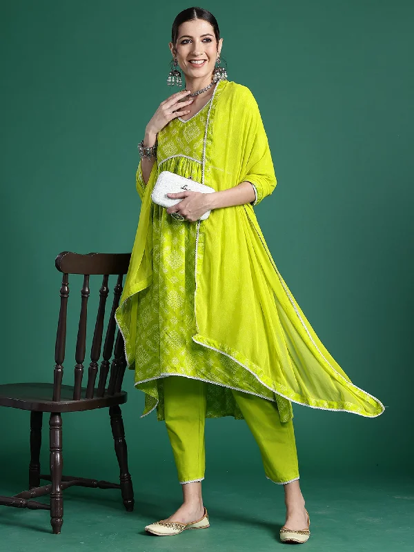 Women's Green Printed A-Line Kurta Trousers With Dupatta Set - Indo Era Trousers Running Lightweight