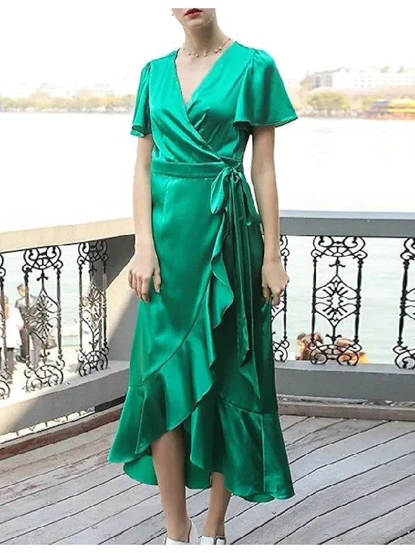 A-Line Mother of the Bride Dress Elegant V Neck Asymmetrical Tea Length Chiffon Short Sleeve with Ruffles Split Front A-Line Mother of the Bride Dress Elegant V Neck Asymmetrical Tea Length Chiffon Short Sleeve with Ruffles Split Front