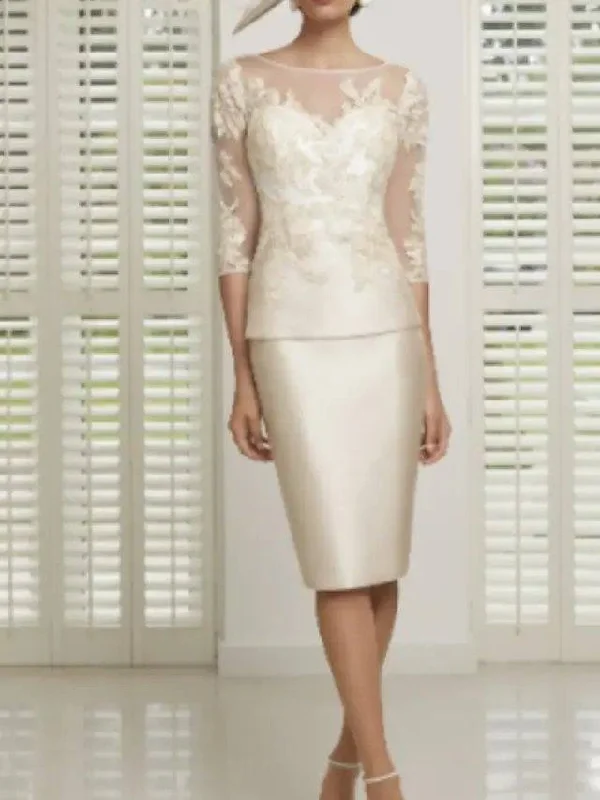 Sheath / Column Mother of the Bride Dress Elegant Sexy Illusion Neck Knee Length Satin Tulle 3/4 Length Sleeve with Appliques Sheath / Column Mother of the Bride Dress Elegant Sexy Illusion Neck Knee Length Satin Tulle 3/4 Length Sleeve with Appliques