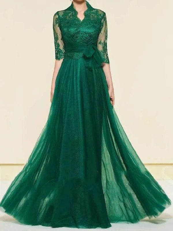 A-Line Mother of the Bride Dress Elegant High Neck Floor Length Chiffon Lace Half Sleeve with Lace Pleats Appliques A-Line Mother of the Bride Dress Elegant High Neck Floor Length Chiffon Lace Half Sleeve with Lace Pleats Appliques